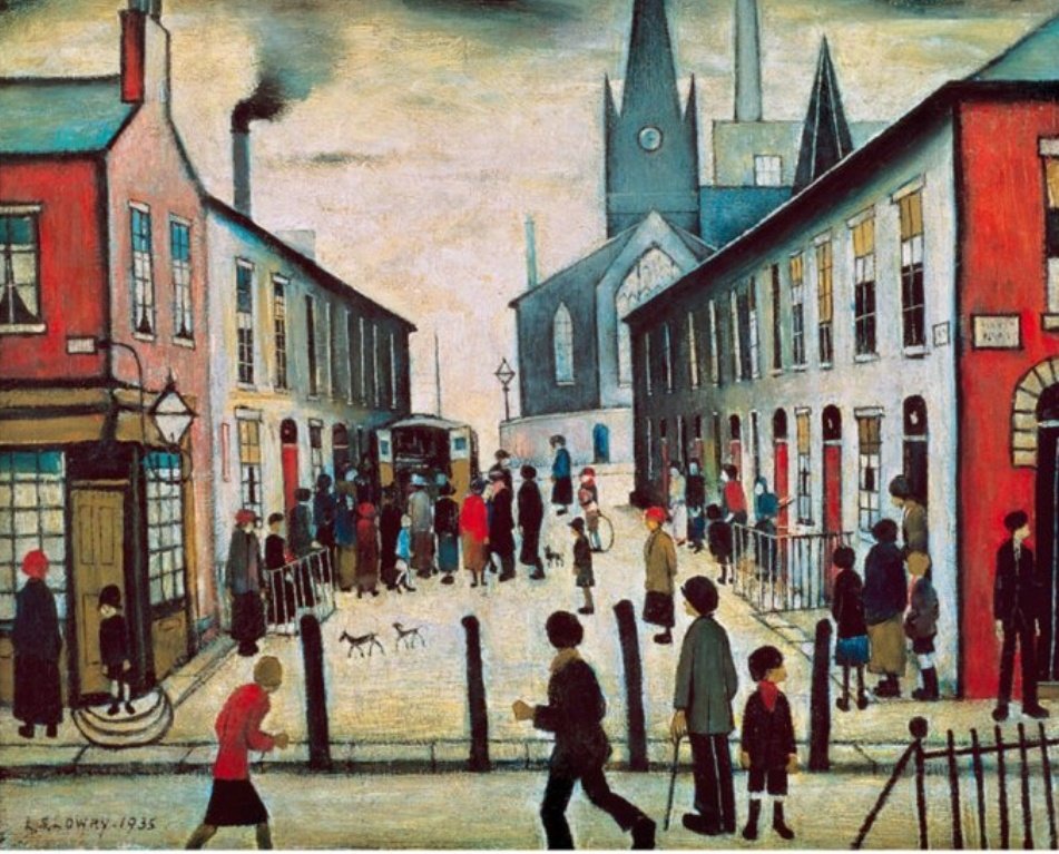 LS Lowry streetscene with bollards and children playing